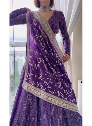 Party Wear Designer purple embroidered thread work georgette lehenga choli.